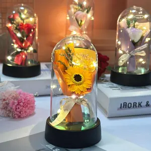 Flower Arrangement in Glass Dome with Light, 1 Piece Battery Powered Flower Gift without Battery, Decorative Flower Gift for Birthday Wedding Party