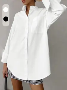 Women's Plain Button Front Pocket Shirt without Bottom, Casual Long Sleeve Collared Top for Work Office Business, Ladies Clothes for All Seasons, Button Closure Top, Casual Classy Top