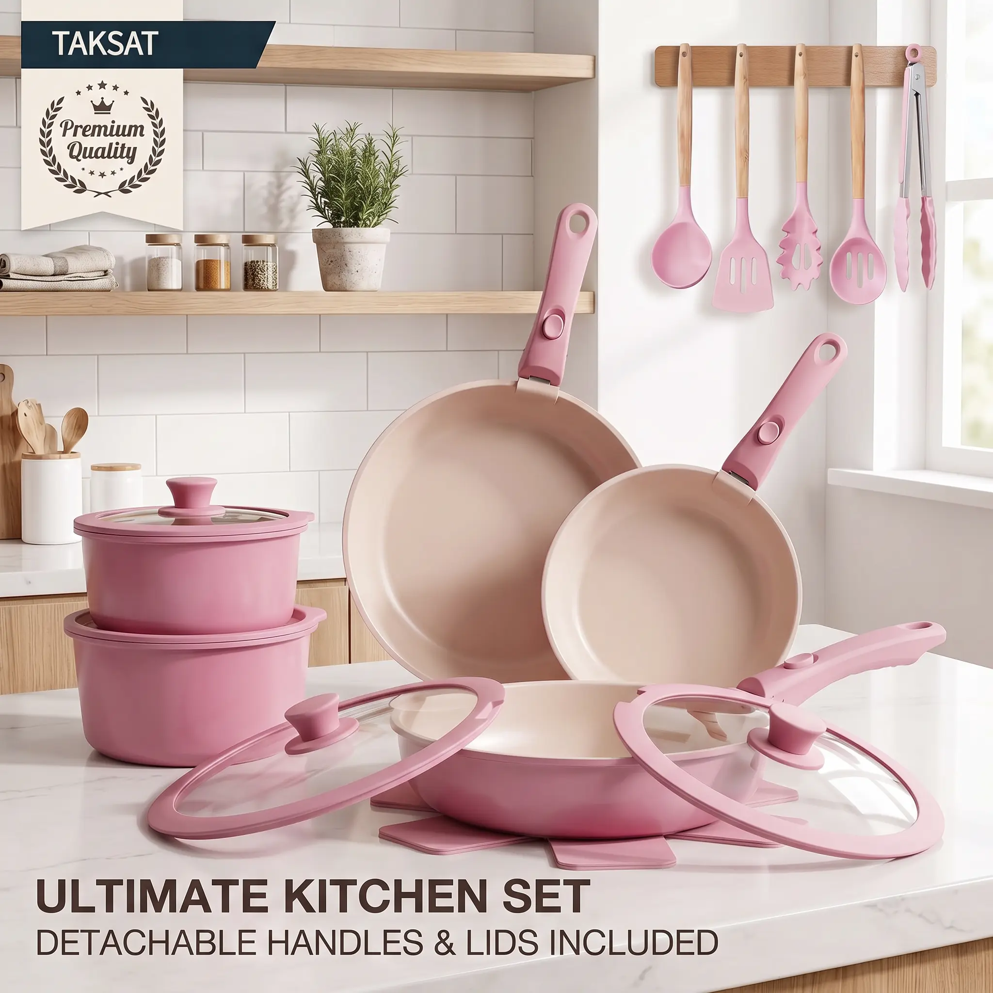 19PCS Contemporary Non-Stick Aluminum Bundle Cookware Set - Detachable Handle Kitchenware, Oven-Safe with 4-in-1 Breakfast Egg Pan, Fast Heat Skillet for Meal Prep & Family Breakfast, Cookware Sets