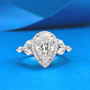 S925 Sterling Silver Pear Cut Moissanite Engagement Ring for Women, Halo Diamond Cluster Bridal Wedding Band, High Sparkle Hypoallergenic Proposal Jewelry Gift