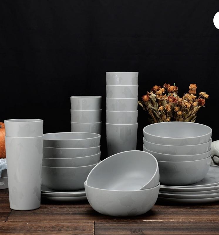 30-Piece Plastic Etched Ghost Dinnerware Set, Grey
