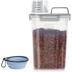 3-5Lbs/3Qt Dog Cat Food Storage Container With Foldable Bowl. Plastic Pet Food Dispenser for Small Animal Kibble/Pet Food/Bird Seed/Oatmeal/Rice/Flour/Brown Sugart/Cereals (Clear Grey)