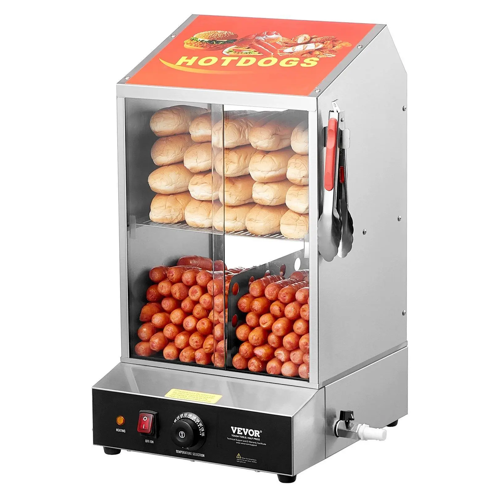 VEVOR Commercial Hot Dog Food Steamer, 2-Tier Electric Kitchen Appliances Bun Warmer with 39QT Capacity, Stainless Steel Body & Tempered Glass Slide Doors, Large Size