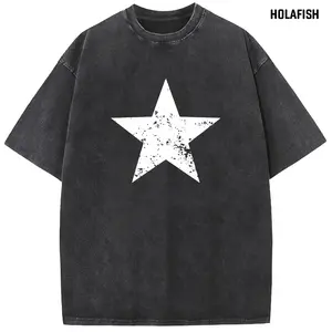 Holafish Unisex Acid Wash Tshirt Vintage STAR Pattern T-Shirts Loose Fit Tee Tops Heavyweight Cotton Streetwear Graphic Vintage Tees Menswear Womenswear Crewneck Tshirt All Seasons Soft  Womens Top
