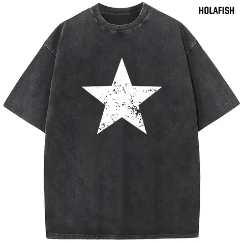 Holafish Women's Retro Star Graphic T-Shirt - Soft Acid Washed Cotton Fabric, Oversized Baggy H-Type Round Neck Short Sleeve Streetwear for Casual Outfits & Back to School
