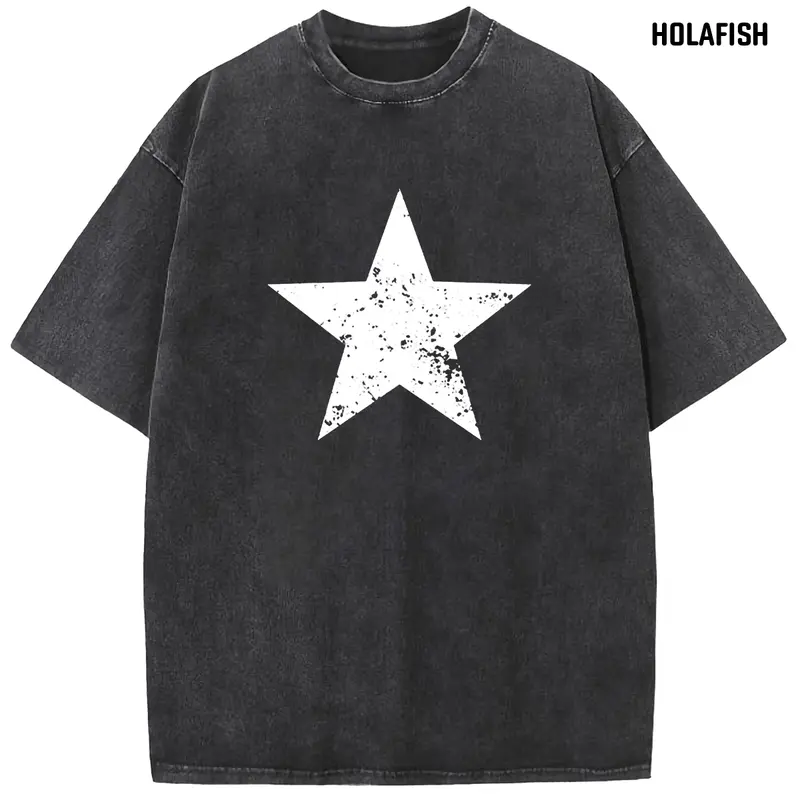 Holafish Women's Retro Star Graphic T-Shirt - Soft Acid Washed Cotton Fabric, Oversized Baggy H-Type Round Neck Short Sleeve Streetwear for Casual Outfits & Back to School