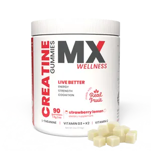 MX Wellness Creatine Longevity Gummies – 90 count (30 servings) Strawberry Lemon flavor with 5g creatine, L-Theanine, and Vitamins D3 + K2 to support muscle recovery, calm focus, strength, and healthy aging in one tasty daily stack.