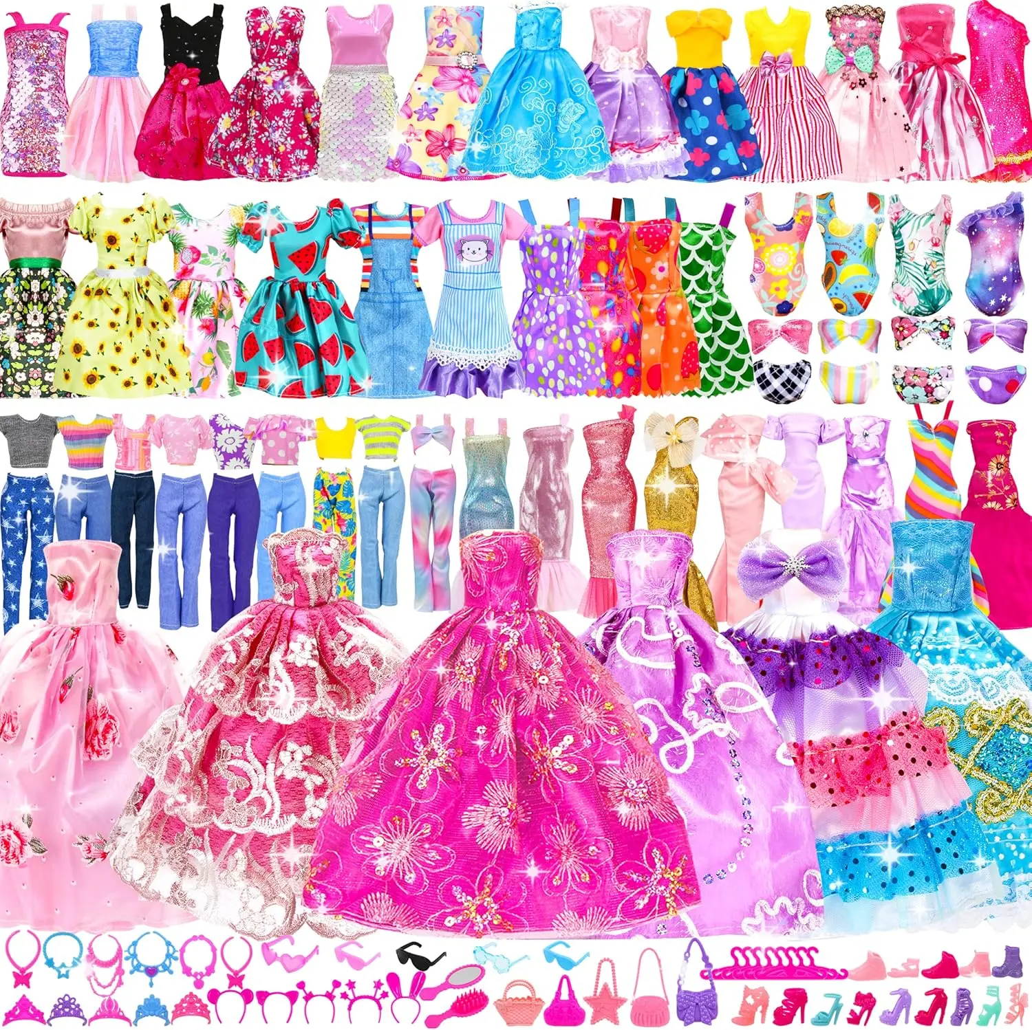 138PCS Doll Clothes and Accessories Set for 11.5 Inch Dolls, 5 Wedding Dresses, 9 Fashion Dresses, 3 Tops, 3 Pants, 3 Bikini Swimsuits, 20 Pairs of Shoes, Doll Outfit Gift