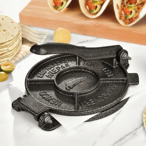 Cast Iron Tortilla Press 8 inch Heavy Duty Tortillera Pataconera with 100 Pcs Parchment Paper, Black Gray Roti Taco Maker, Kitchen Tool Utensils