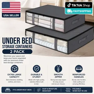 2pcs Large Under Bed Storage Bags Non-woven Clothes Organizer Clear Window Reinforced Handles for Comforters Blankets Bedding