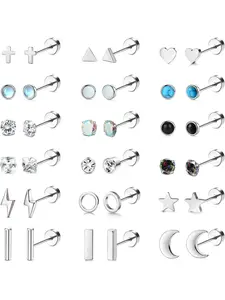 18 Pairs Silvery Tiny Stainless Steel Cartilage Stud Earrings for Women Men Small 20g Cartilage Helix Earrings Cute Moon Star Heart CZ Opal Geometric Flat Back Piercing Jewelry Set