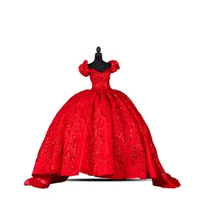 Glam Red – Vibrant Red Off-Shoulder Ball Gown with Beaded and Sequin Details