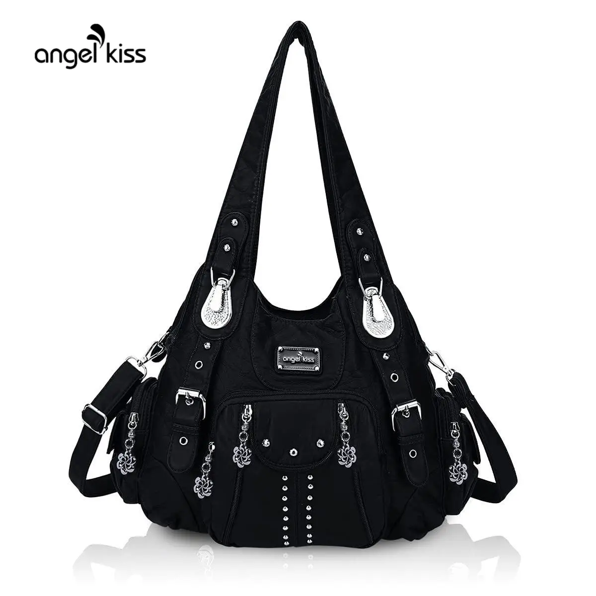 Angel Kiss Women's Soft PU Leather Crossbody Shoulder Bag - 13.2"x4.5"x10.7" Medium, Adjustable Reinforced Strap, Chain, Double Handle, Multiple Pockets, Anti-Theft Back Zipper, Excellent Workmanship, Everyday Purse for Tidy Life, Business & Casual Use