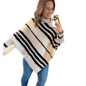 CELOT KEVER Half Turtleneck Pullover Striped Color Block Shawl Cape Loose Knit Batwing Sleeve Sweater for Women Casual Cotton