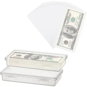 2 count Plastic Storage Case with 100 count Clear  Holder, Thicken  Collection Sleeves Protector Bag with  Storage Box Banknotes Protector Slab Holder, 7.1 x 3.2 x 1.2 inch