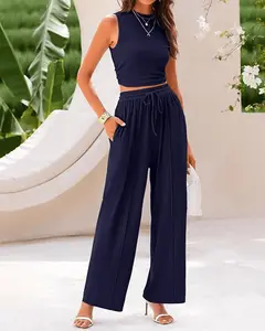 Women Summer 2 Piece Outfits Ribbed Knit Crew Neck Sleeveless Cropped Top and Elastic Waist Wide Leg Pants Lounge Set Casual Stylish Womenswear