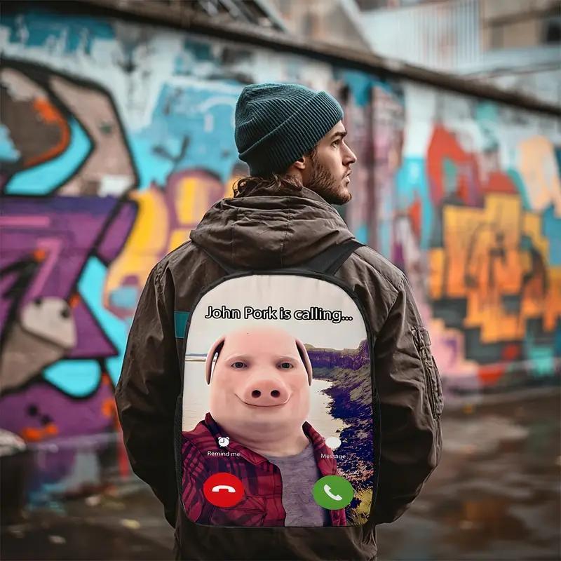 1pc Funny "John Pork is Calling..." Backpack for Adults - Large Capacity Commuter Bag with Ergonomic Double Strap Design, Washable Zipper Closure, Stylish Durable Shoulder Pack for Daily Commute & Outdoor Use, Commuter Bag | Playful Backpack