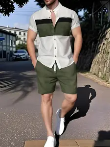 Men Summer Casual Shirt Shorts Set Button Up Short Sleeve 2026 Indoor Outdoor Stylish Fitted Woven