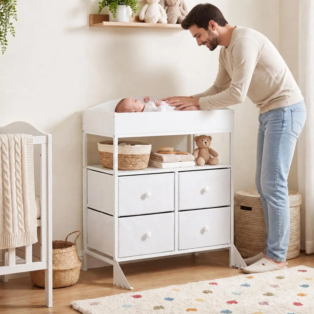 Garvee 4-Drawer Baby Changing Table Dresser with Removable Top, Open Shelf & Fabric Bins – Space-Saving Diaper Station for Modern Nursery