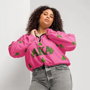 Pink AKA Cropped Quarter Zip Windbreaker with Green Ivy Leaves for Stylish Comfort