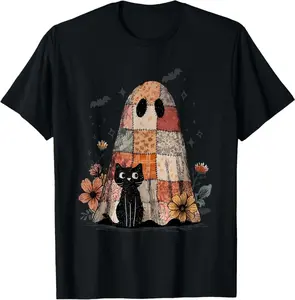 Patchwork Ghost And Cat Halloween Denim Patchwork Ghost T-Shirt