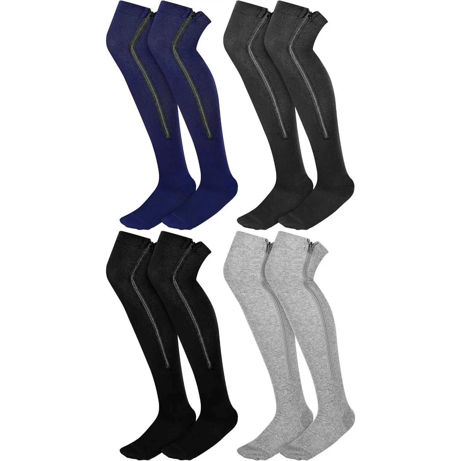 Twistover Menswear 4-Pair Men's Thigh-High Zipper Compression Socks, 15-20 mmHg Classic Breathable Fabric, Office-Ready Over-the-Knee Stockings, Layer
