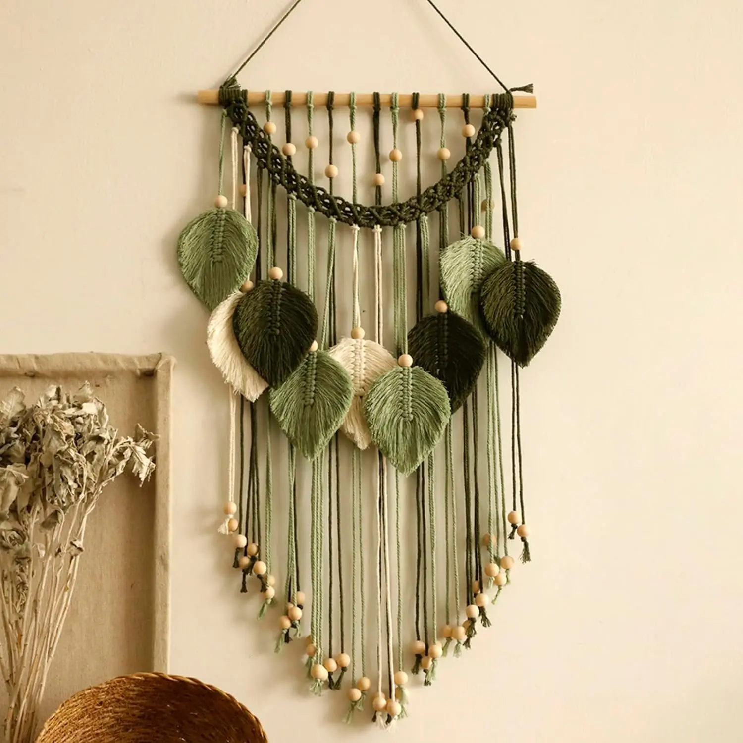 Macrame Wall Hanging -Handmade Sage Green Leaf Wall Tapestry,Boho Decorations for Bedroom Living Room Bathroom,Earthy Room Decor,Wedding Birthday for Women Girls