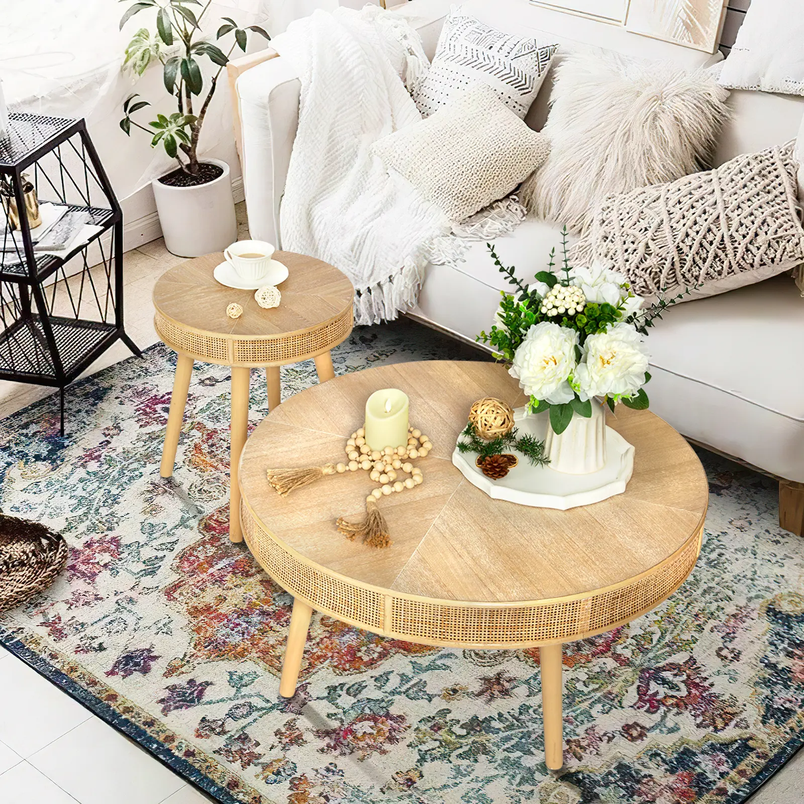 PieDle 2-Piece Farmhouse Coffee Table, Modern Rustic Sofa Side Tea Tables, Solid Wood Finish with Crafted Rattan Side and End Table Sets for Living Room (Natural)