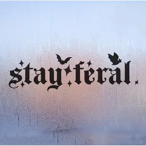 1PC treet Trendy Dark Gothic Wild Logo Sticker, Car decorative sticker, stick it on motorcycle windows, gothic script "stay feral" + bat & star decor has an unruly cool vibe, dark subculture lovers can use it as a dark gothic wild-stylish decoration