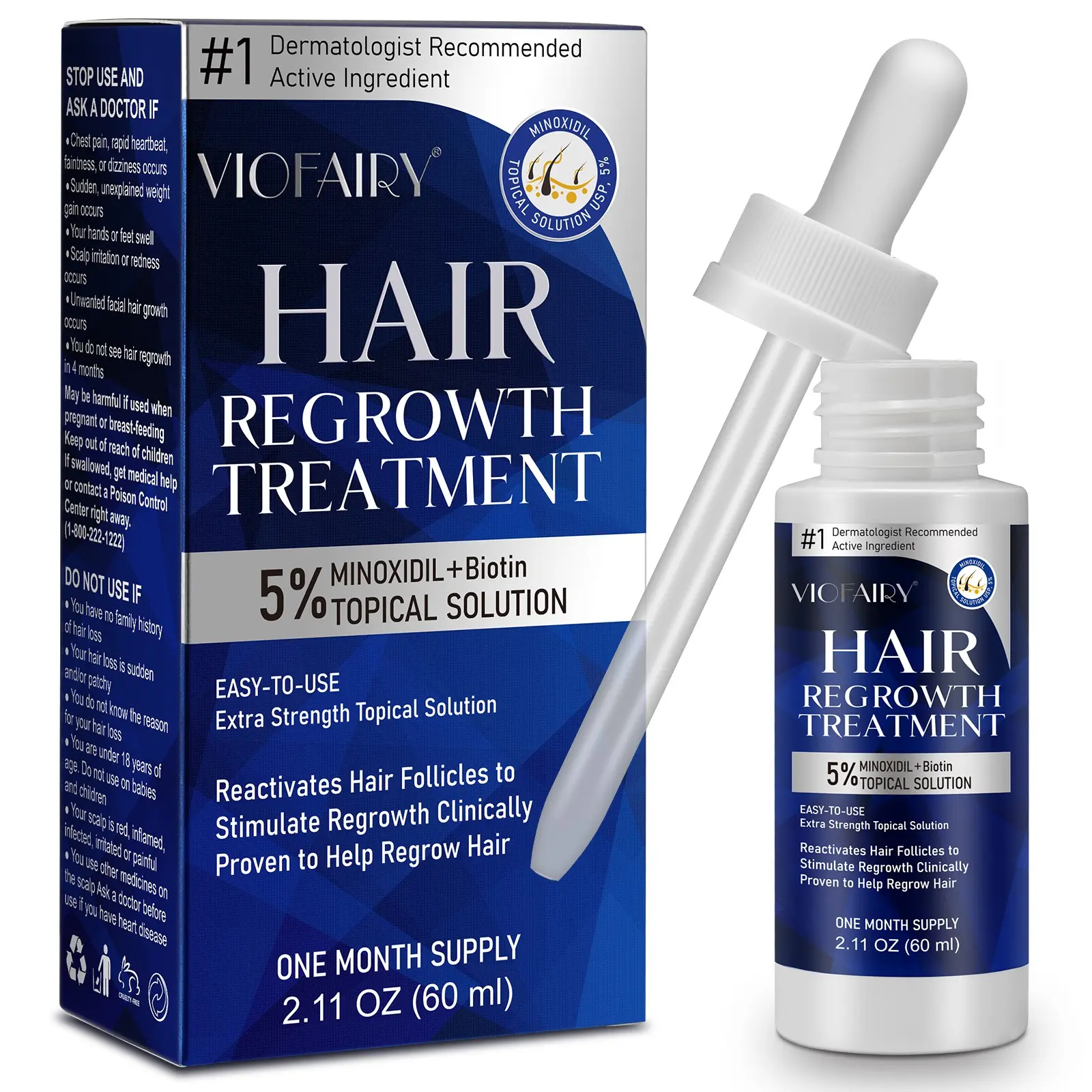VIOFAIRY Minoxidil Solution 60ml, Hair Regrowth Essence, strengthens hair and makes it healthier. The dropper ensures precise application, does not interfere with daily hygiene routines or hairstyles, and is easy to use, making it ideal for busy p