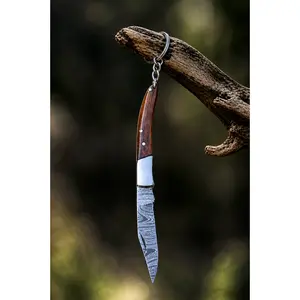 Hand Forged Damascus Steel Folding Knife Keychain – 3” Mini Pocket Knife with Wood & Steel Handle (512 Layers)