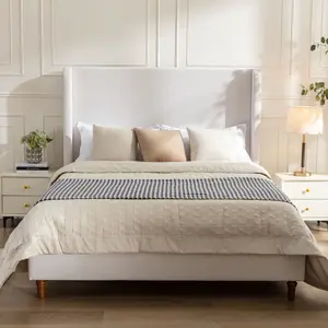 Upholstered Wingback Bed Size Queen / Tall 54" Headboard Upholstered Queen Bed Frame /Without Wooden Slats/Box Spring Request/Queen/Textured Ivory Canvas