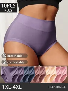 10PCS Womens Plus Size Plain Solid Full Coverage Underpants, Flexible Stretch Soft Knit Breathable Brief Panties, Multi Assorted Neutral Color Casual Daily Undies, Comfort Skin Friendly Underwear 1XL-4XL