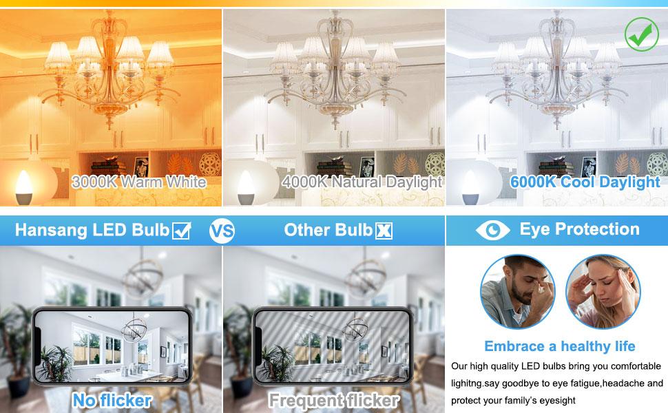 6-Pack E12 Candelabra LED Light Bulbs, 6000K Cool Daylight White, 6W (60W Equivalent), B11 Type B Small Base, 600 Lumen Non-Dimmable Bulbs for Chandelier, Ceiling Fan