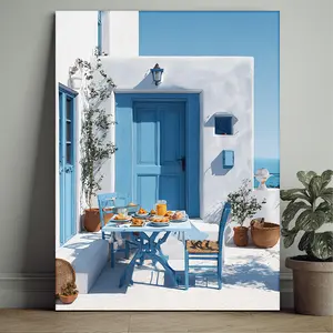 1 piece of Mediterranean-style dining table wall art - white and blue coastal kitchen painting with rustic wooden frame, Greek island dining scene, minimalist Mediterranean housewarming gift for kitchen and home decor, easy-to-hang wrapped canvas print, c