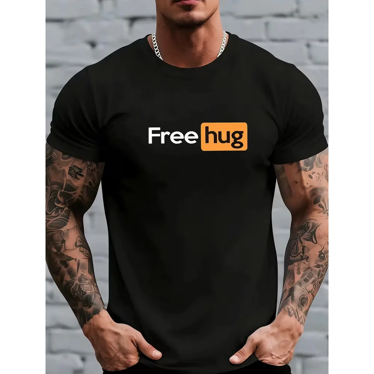 Men's "Free Hugs" Slogan T-Shirt - Soft Round Neck Casual Training Top, Suitable for Gym, Outdoor Activities - Machine Washable Summer Wear for Daily