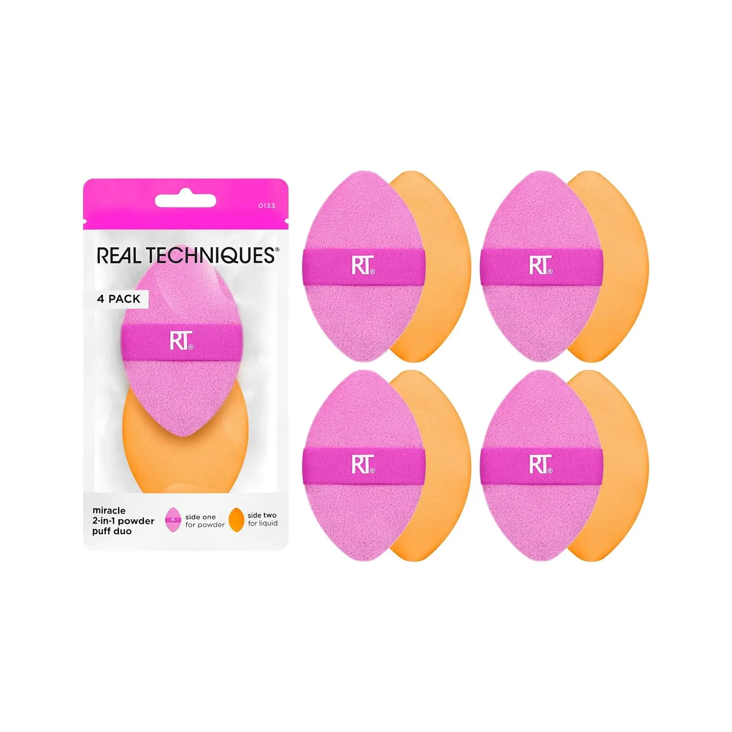 Real Techniques Miracle 2-In-1 Powder Puff, Makeup Sponge, 4 Pack | Smooth touch-ups with makeup sponges for foundation and setting powder, dual-sided powder puffs, reversible band and vegan