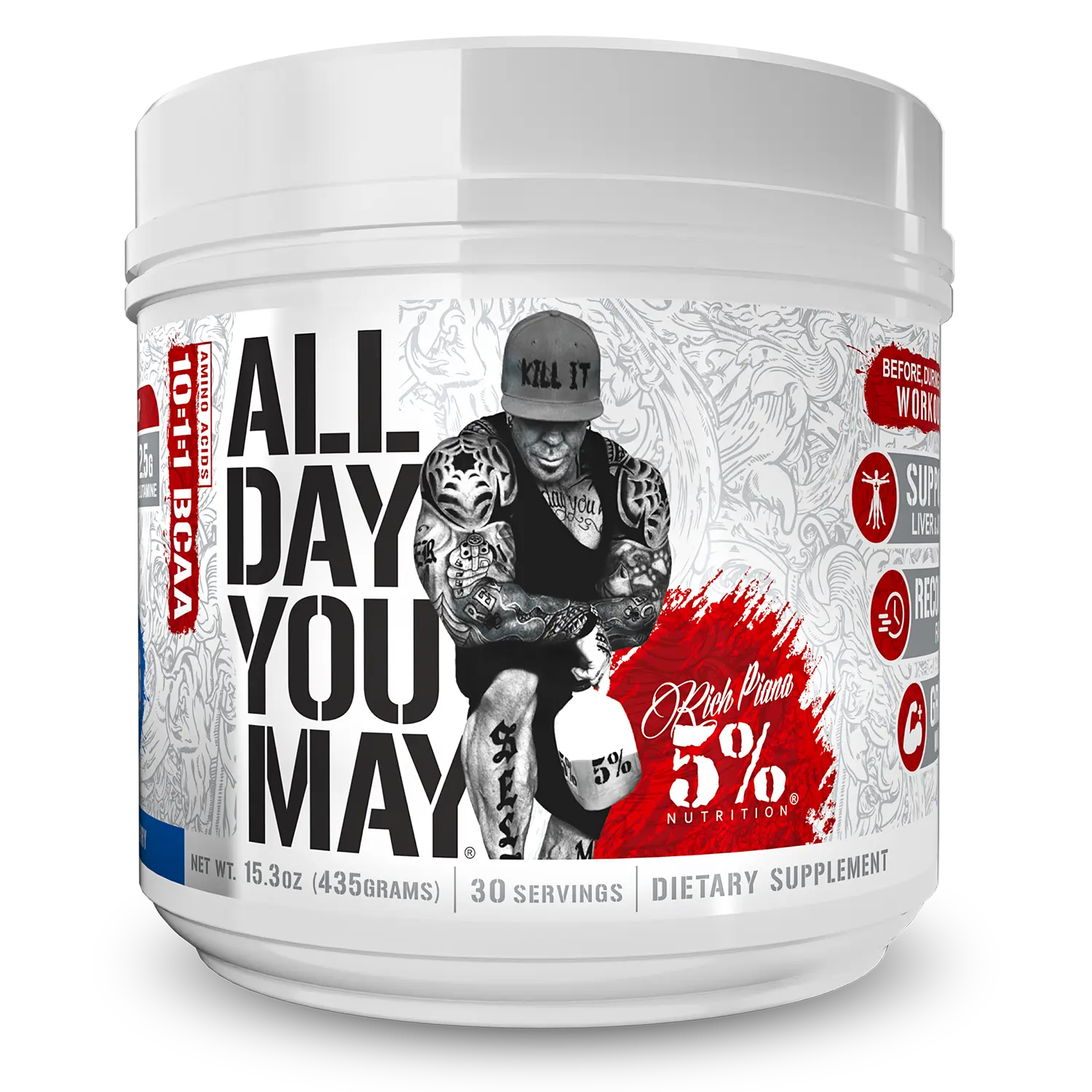 5% Nutrition Rich Piana All Day You May Edible Dietary Protein Supplement Powder - 9g Amino Matrix, Joint & Liver Support, Intra-Post Workout Recovery, Hydration, Endurance, Metabolism Boost, Prop 65 Safe, 30 Servings for Fitness Enthusiasts, Digestive En