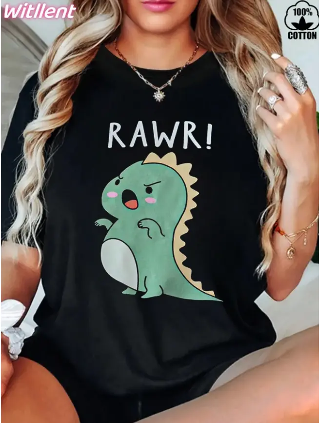 Dino Lover Women’s Summer Oversize Cotton Tee Cute Grumpy Blush Dinosaur Rawr Roar Cartoon Print For Kawaii Animal Fan Casual Daily Outfits Soft Breathable Heat Transfer Loose Fit