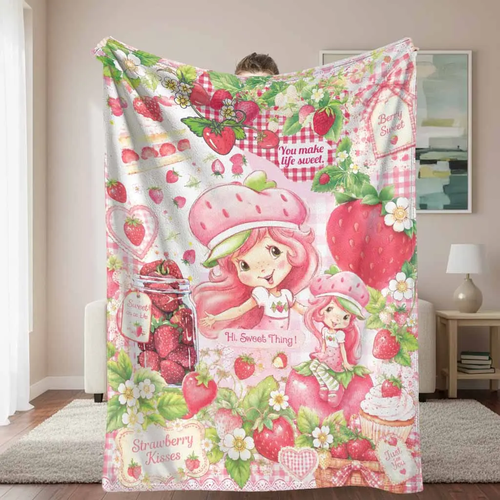 Strawberry Sweet Flannel Blanket with Berry Cake Floral Gingham Print Soft Warm Lightweight Cozy Throw for Sofa Bed Bedroom Picnic Spring Decor Birthday Gift