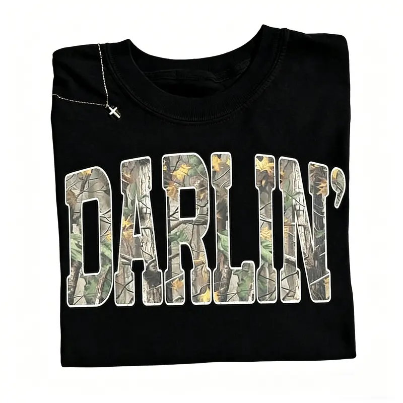 Retro Bold Camo Graphic Western Casual Tshirt - Country Distressed Cowboy Quote, Round Crew Neck, Trendy Graphic Shirts, Streetwear, Multi-Size Southern Concert Sports & Outdoor Top