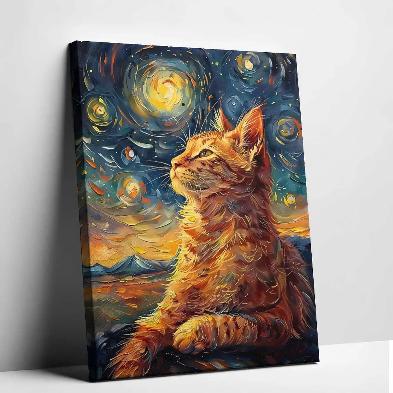 Cute Ginger Cat in Starry Night Canvas Painting | Unique Frameless Wall Art Poster | Cozy Aesthetic Home Decor Office Bedroom Gift