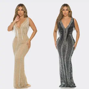 Belle Rhinestone Beaded Fringe Maxi Dress