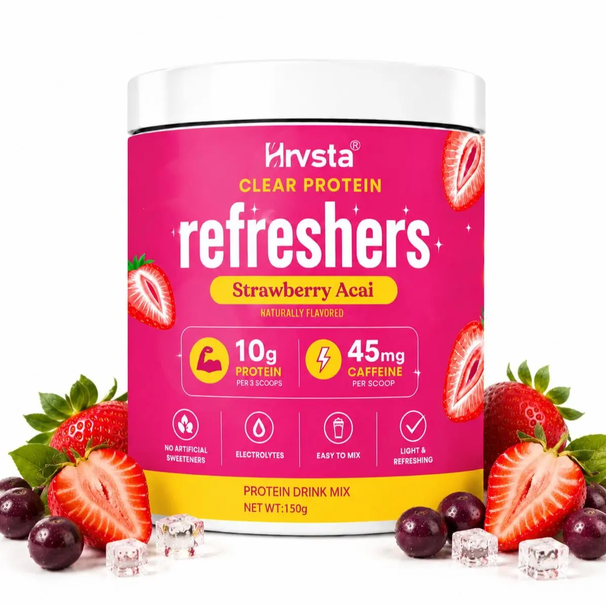 Clear & Refreshing Protein Drink Mix — Contains 10g whey protein, collagen peptides, and electrolytes; naturally flavored, 0g sugar, 45mg caffeine; 30 servings.