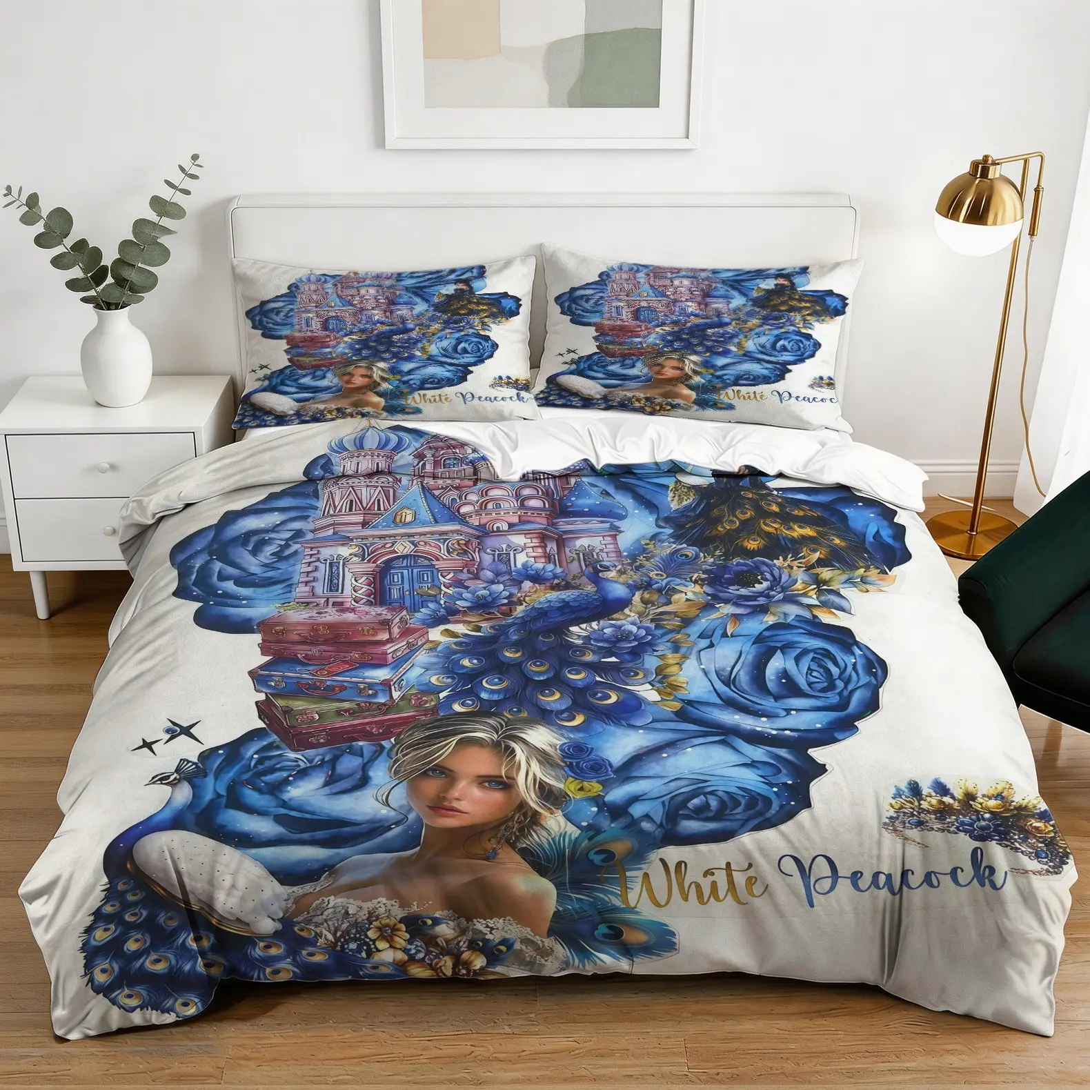 White Peacock Themed Duvet Cover Set (1 Duvet + 2 Pillowcases, No Inserts) | Dreamy Fairytale Style with Blue Roses, Castle & Peacock Prints | Ideal for Girls' Bedrooms & Princess Rooms