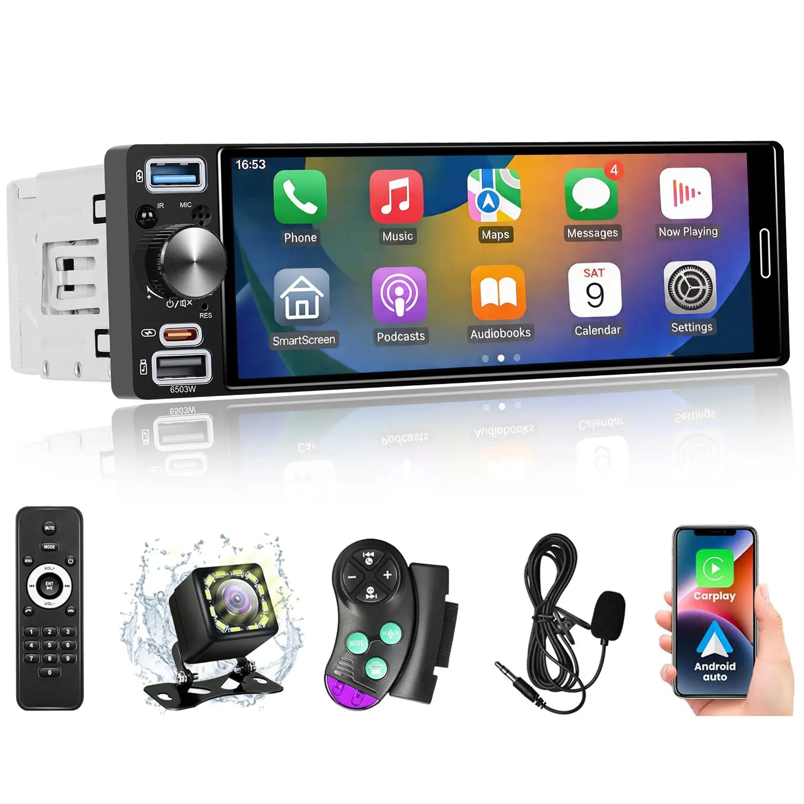 FYPLAY Single Din Car Stereo Receiver with Wireless Apple CarPlay & Android Auto, 6.5” InCell Touchscreen Radio, 1080P Backup Camera, Mirror Link, Bluetooth 6.0, GPS Navigation, AM&FM&RDS, Type-C Fast Charging cars accessories (Audio Accessory) Head Unit