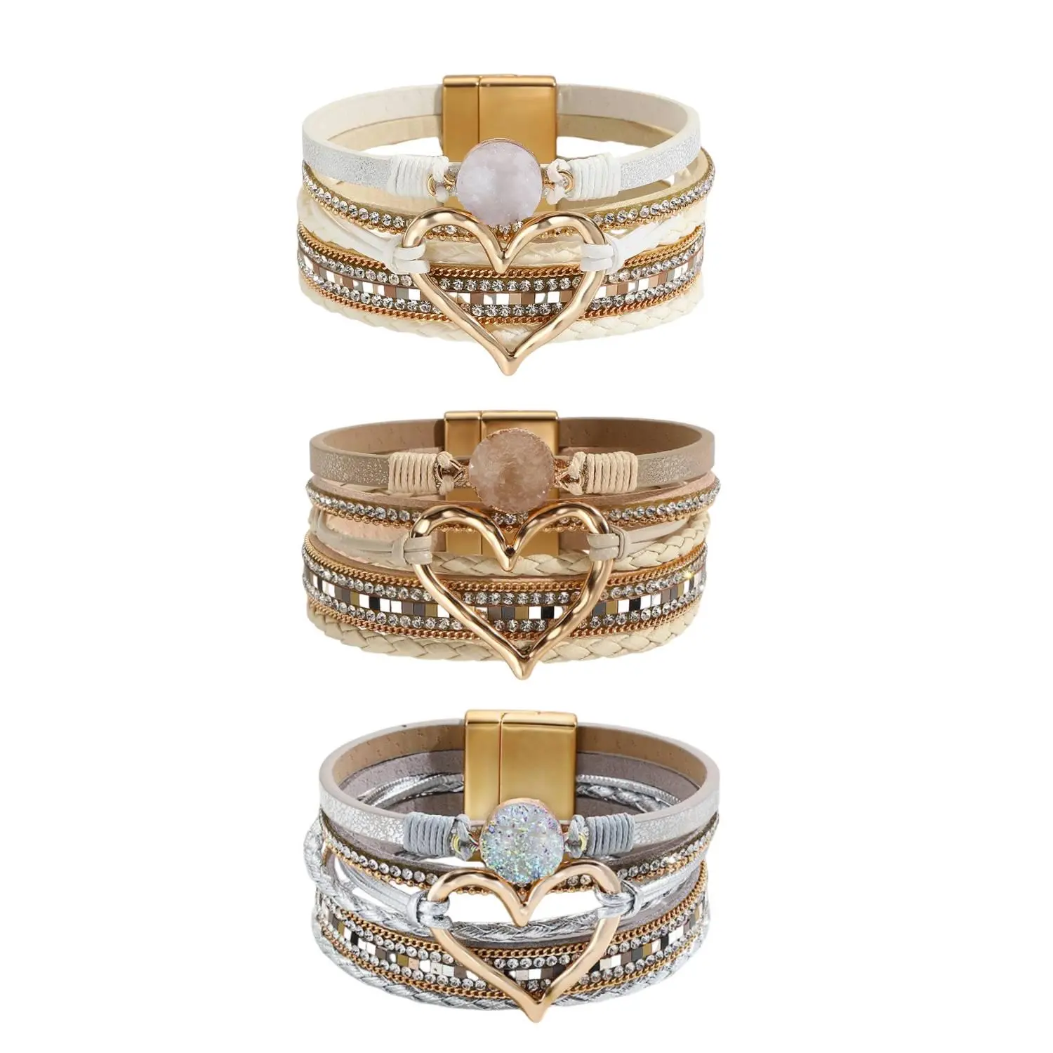 3pcs Vintage Women'S Wrap Bracelets Featuring Leopard Print Heart Additions, Faux Pearl Bead Decorations, And Multi-Layered Synthetic Design, Perfect As a Gift for Valentine'S Day Or Mother'S Day