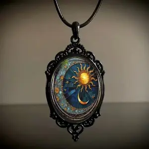 Vintage Sun and Moon Celestial Pendant Necklace | Antique Black Gunmetal Frame with Enamel Art | Mystical Boho Jewelry for Women & Men | Perfect for Witches, Astrology Lovers, Birthday & Halloween Gifts | Hypoallergenic, Retro Gothic Fashion Accessory