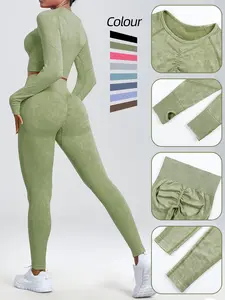 Women's Sporty Long Sleeve Top & High Waist Leggings Set, Tight-Fitting Above Ankle Design, Comfortable All-Season Workout, Breathable Gym Wear, Athleisure Wear Set