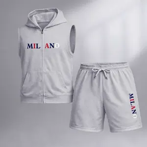 Men's Milano Graphic Sleeveless Hoodie Shorts Set 2 Piece Outfit Milano Letter Print Zip Up Hooded Vest Drawstring Shorts Summer Casual Gym Workout Streetwear Breathable Lightweight Athletic Lounge Set